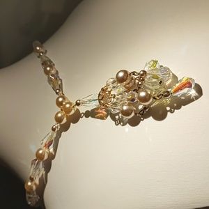 Aurora Borealis Crystal Tassle Necklace 1960's Faux Pearl Vintage Austria? EUC